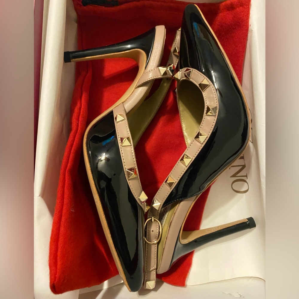 Designer inspired patent leather studded pumps